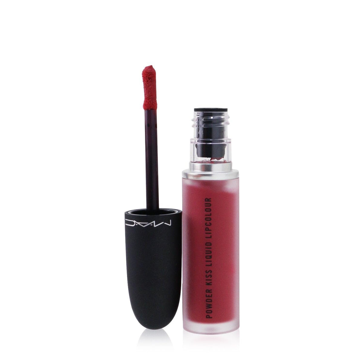MAC Powder Kiss Lipcolour 988 bottle close-up with rich matte color.