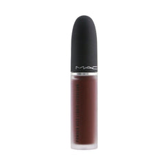 MAC Powder Kiss Liquid Lipcolour 993 Pretty Pleats bottle in burgundy-brown, long-lasting moisture.