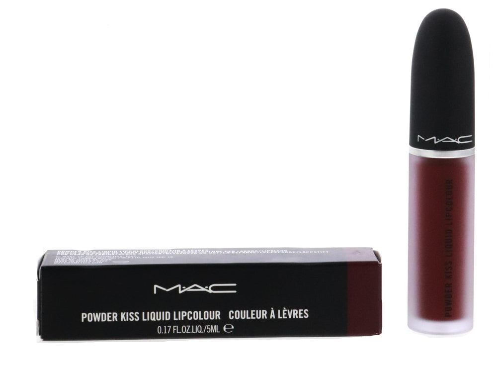 MAC Powder Kiss Liquid Lipcolour in Deep Wine on lips with a soft-focus finish
