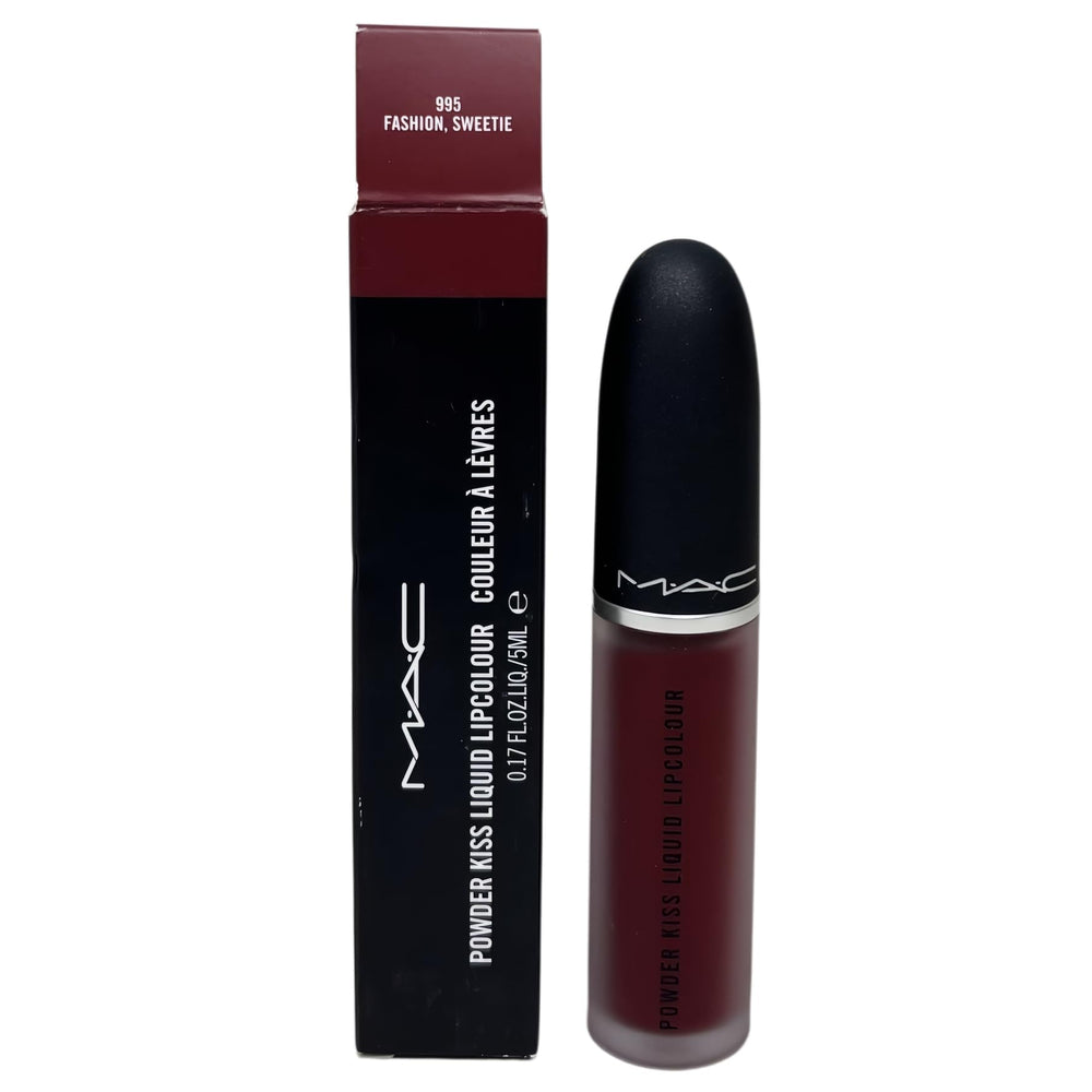 MAC Powder Kiss Liquid Lipcolour 995 Fashion Sweetie close-up bottle, vivid berry red with long-lasting comfortable color.