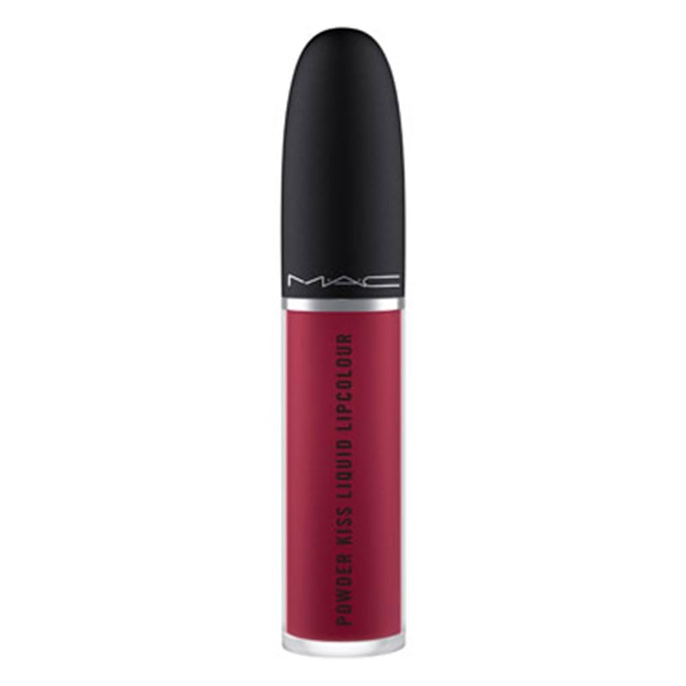 MAC Powder Kiss Liquid Lipcolour Burning Love bottle close, bold berry shade for statement lips.