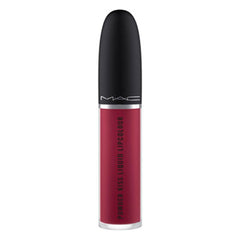 MAC Powder Kiss Liquid Lipcolour Burning Love bottle close, bold berry shade for statement lips.