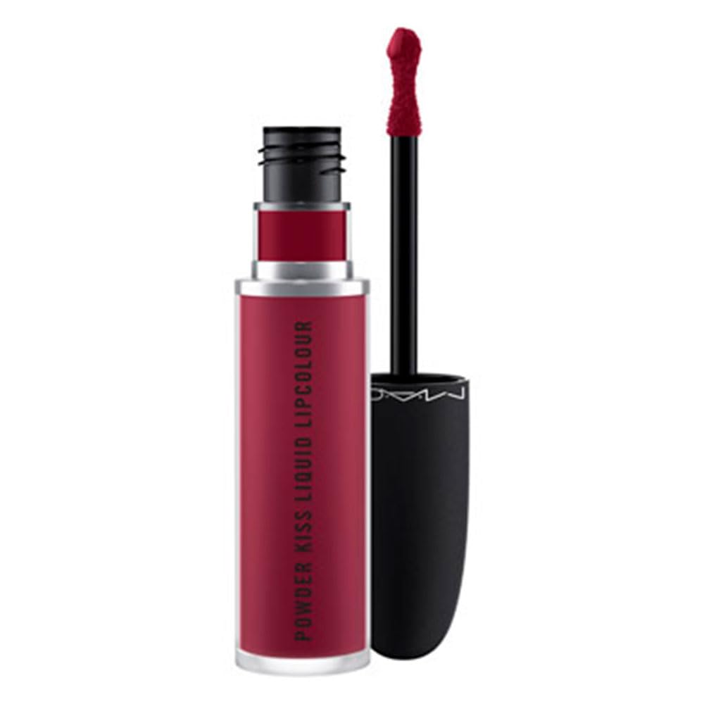 MAC Powder Kiss Liquid Lipcolour Burning Love color swatch on lips with hydration.