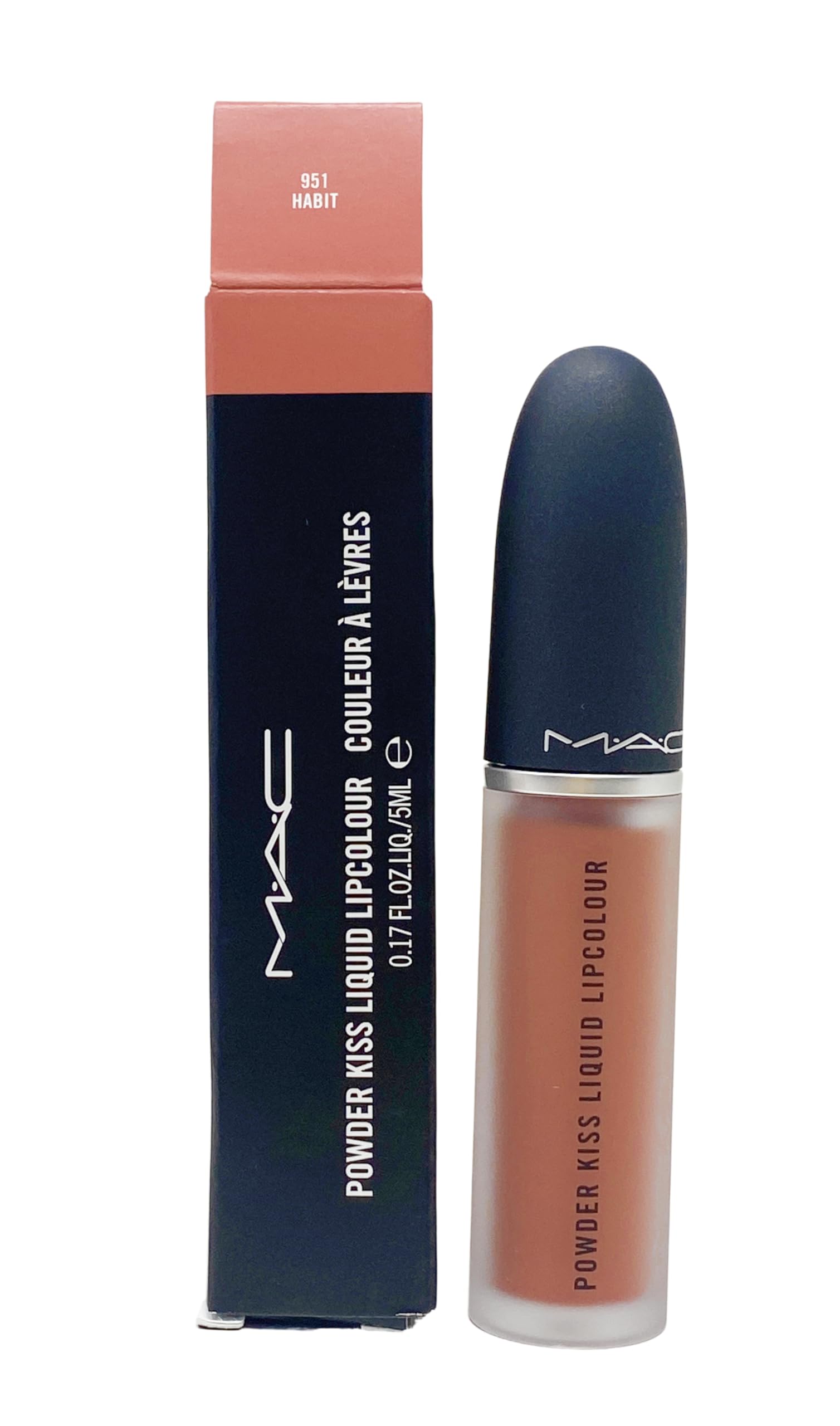 MAC Powder Kiss Liquid Lipcolour Habit peachy nude for soft-focus, long-lasting color.