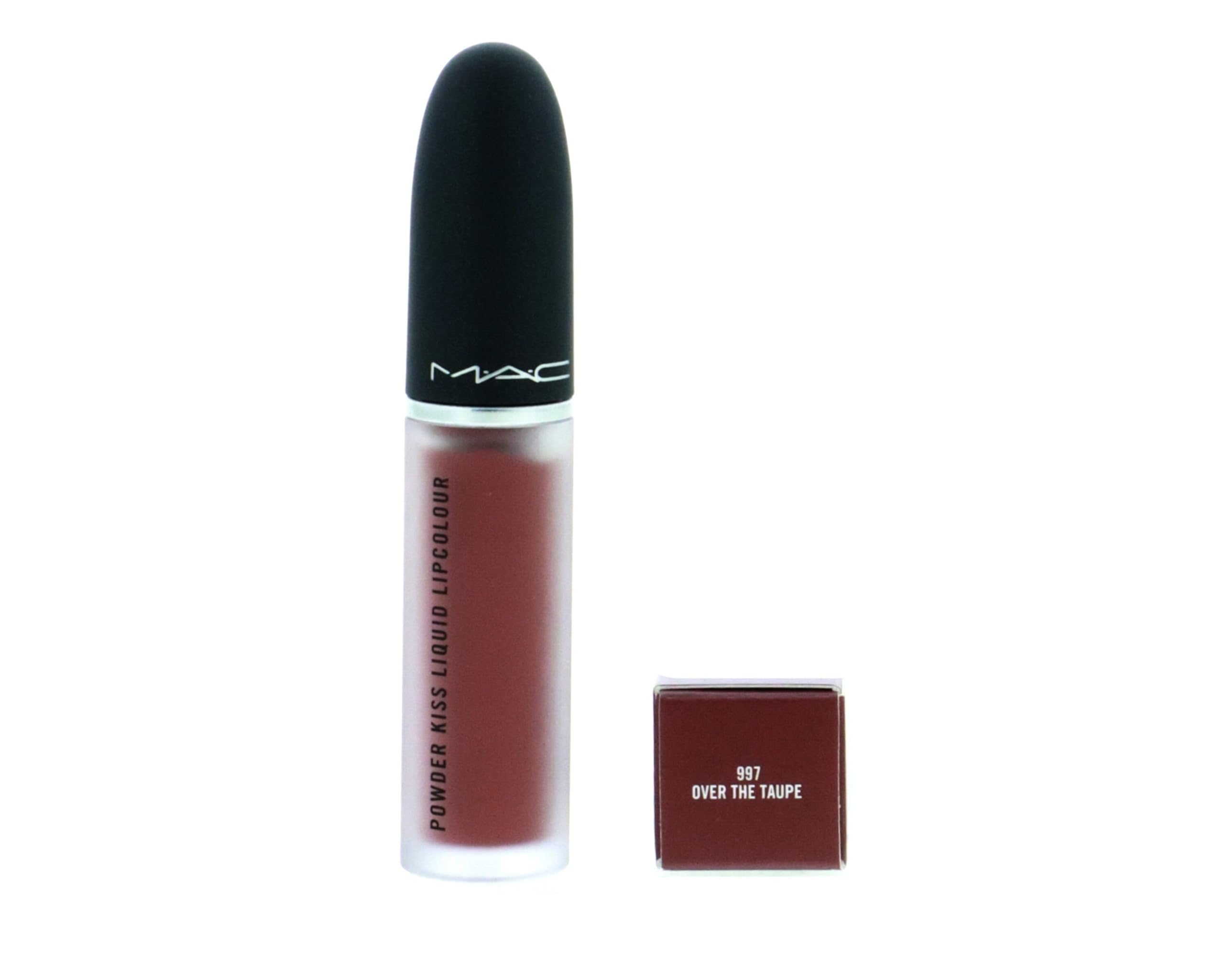 MAC Powder Kiss Liquid Lipcolour Over The Taupe on lips shows even coverage with a velvety satin feel.