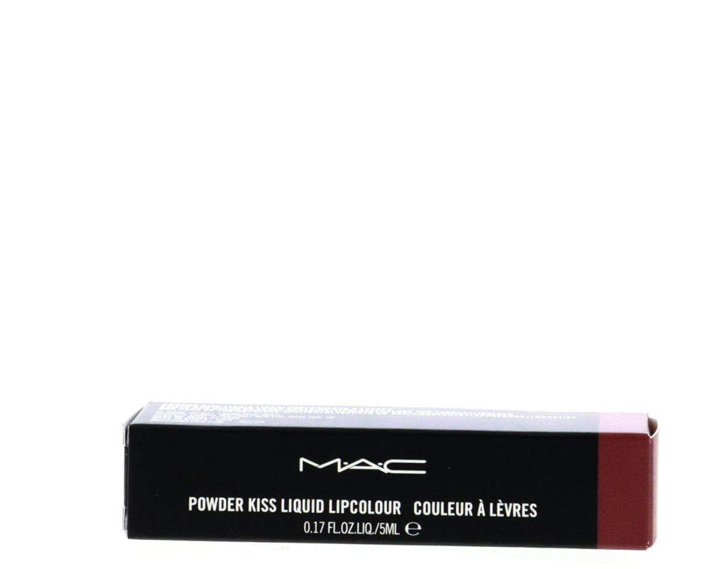 MAC Powder Kiss Liquid Lipcolour Over The Taupe tube showcases satin finish and wearable shade.