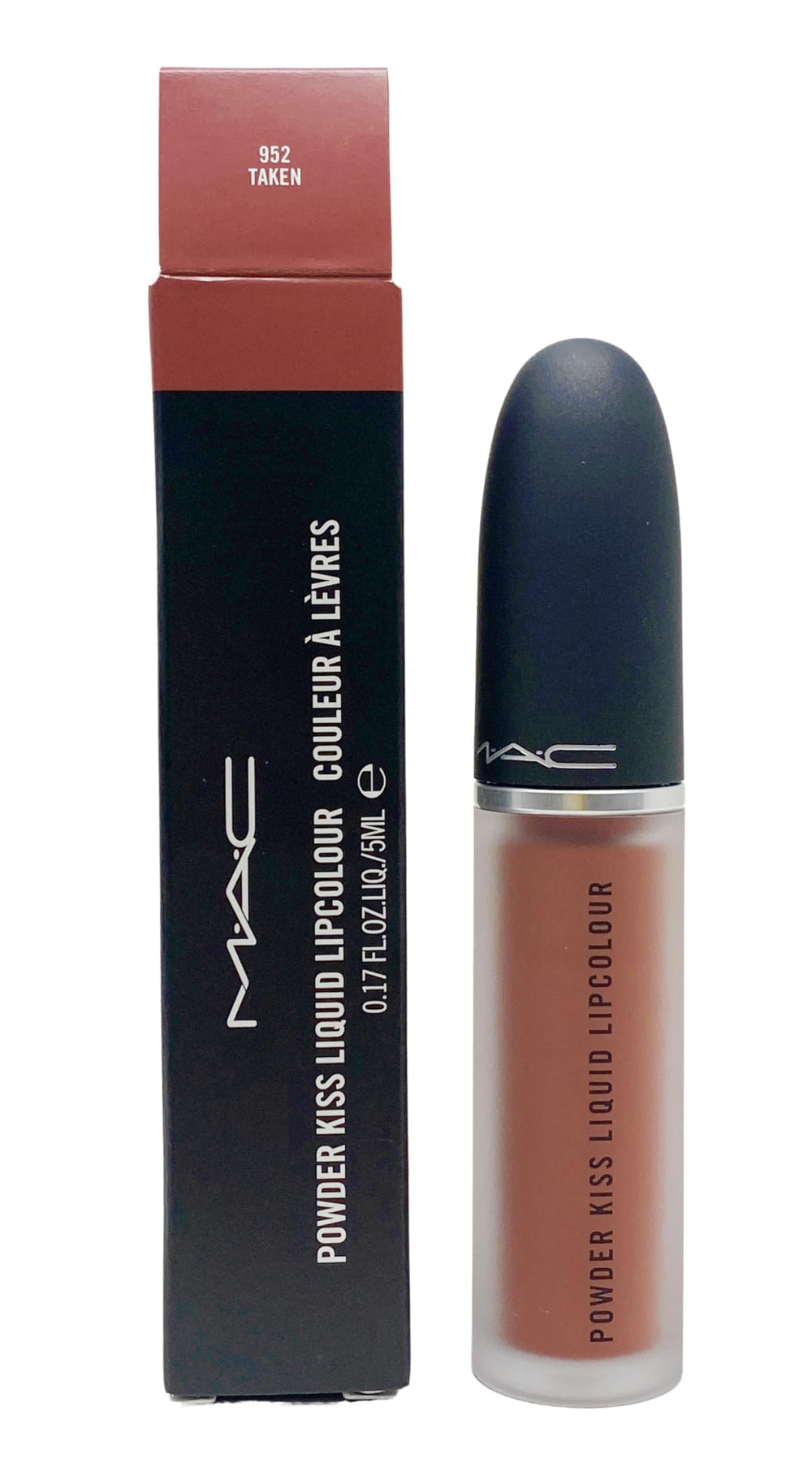 MAC Powder Kiss Liquid Lipcolour Taken swatch showing long-lasting, comfortable color.