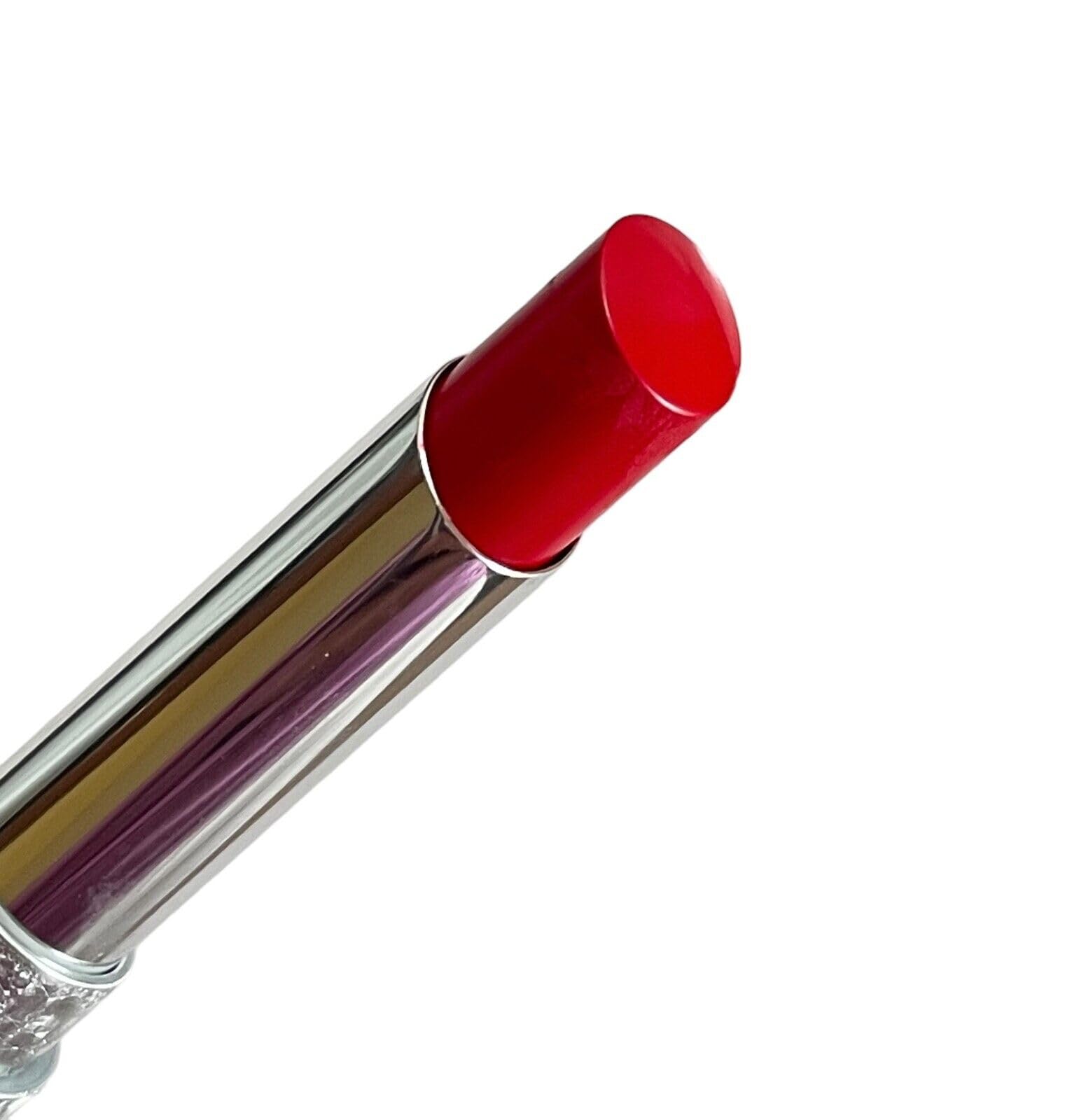 MAC Powder Kiss Velvet Blur Slim Lipstick Merry Cherry swatch with bold color payoff.