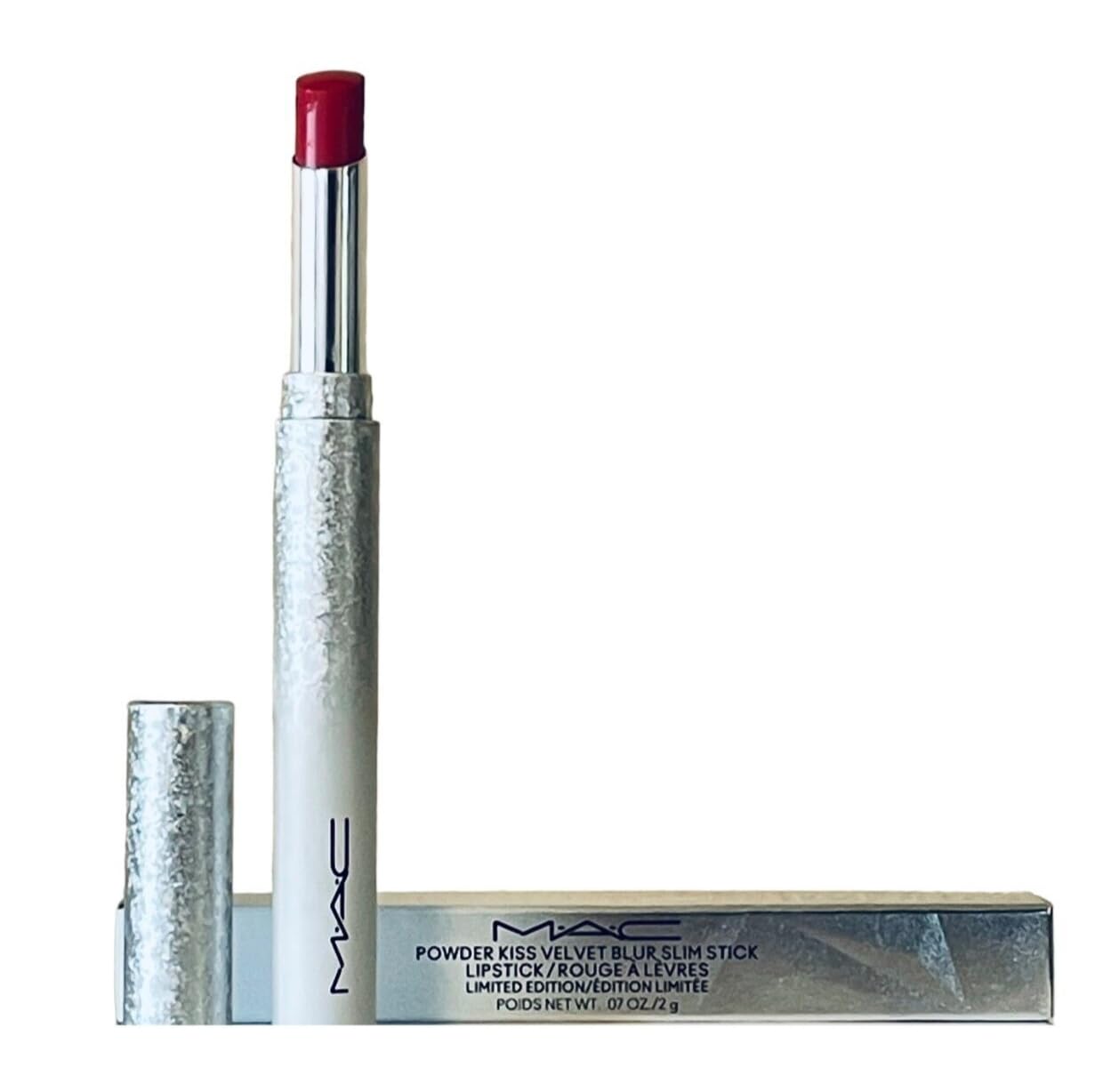MAC Powder Kiss Velvet Blur Slim Lipstick Merry Cherry swatch shows soft-focus matte finish.