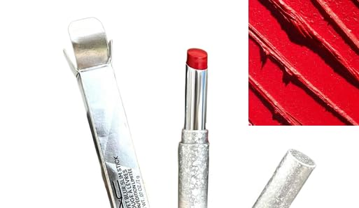 MAC Powder Kiss Velvet Blur Slim Lipstick Merry Cherry swatch demonstrates premium hydration and color.