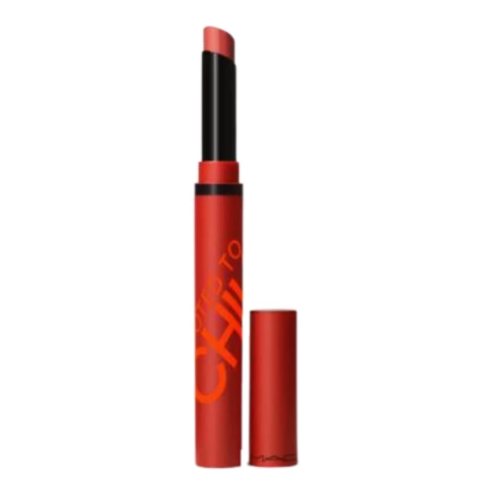 MAC Powder Kiss Velvet Blur Slim Stick lipstick in 877 Devoted To Chili packaging for bold, long-wear color.