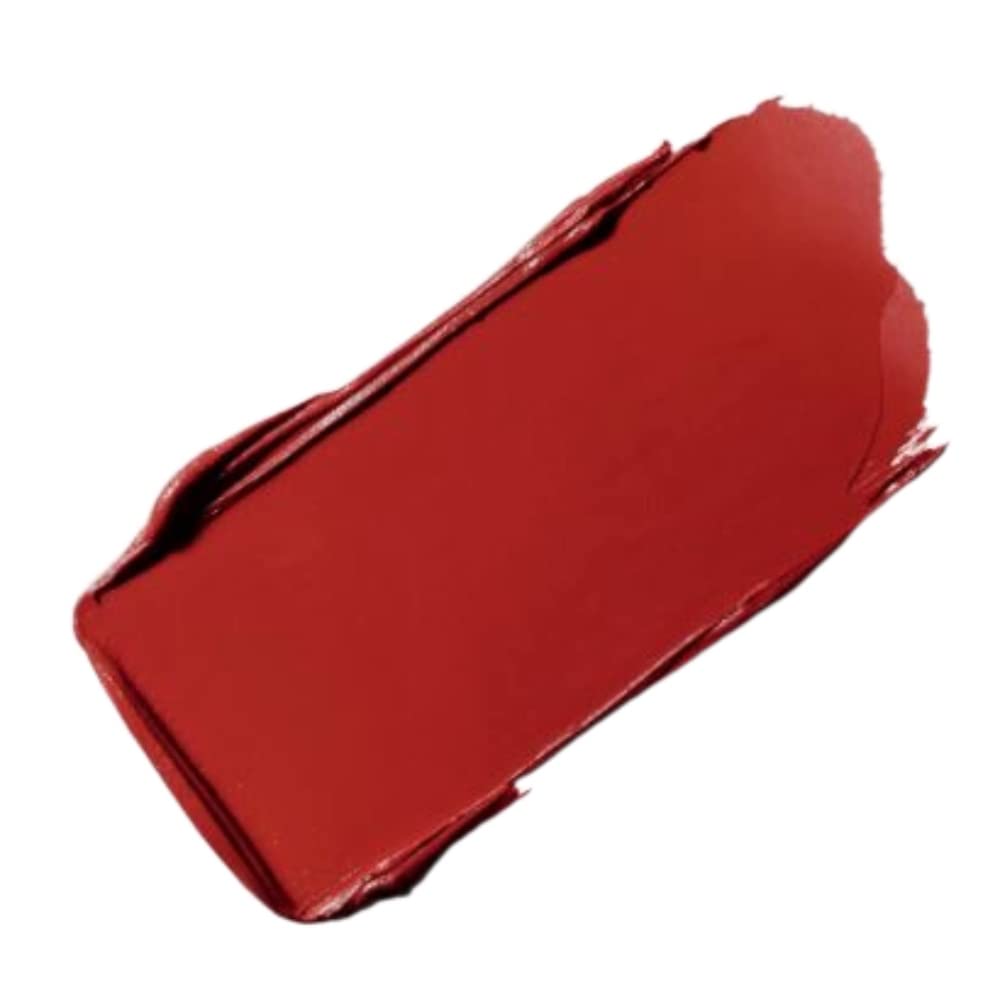 MAC Powder Kiss Velvet Blur Slim Stick swatch on lips showing warm brick red shade for all-day hydration.