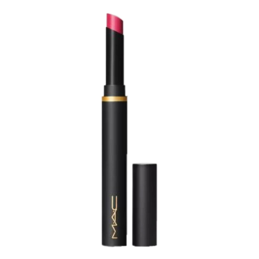 MAC Powder Kiss Velvet Blur Slim Lipstick Wild Sumac application for bold, long-wearing color.