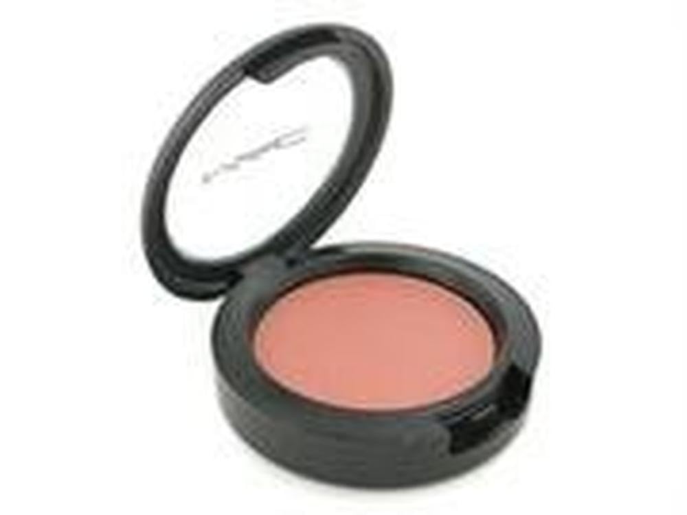 MAC Sheertone Shimmer Blush Sunbasque compact shows warm peach-pink glow for everyday radiance.