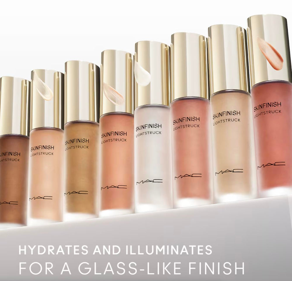 MAC Skinfinish Lightstruck Double Gleam swatch on skin highlighting 12-hour radiance.