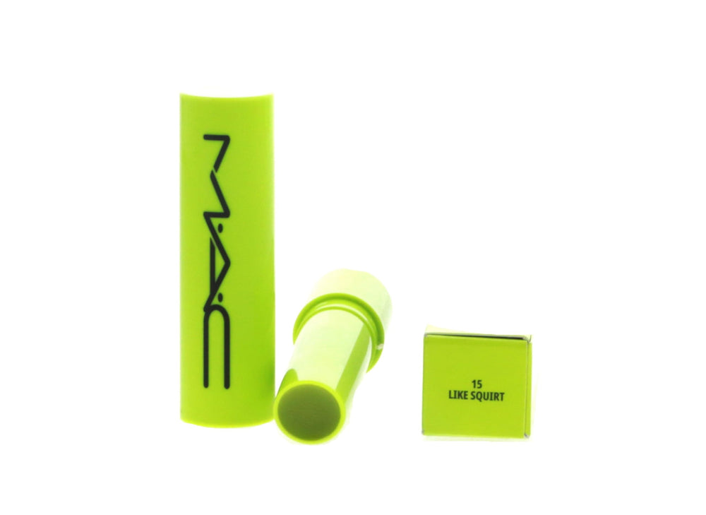 MAC Squirt Plumping Gloss Stick swatch shows juicy lime-green color with plump shine.
