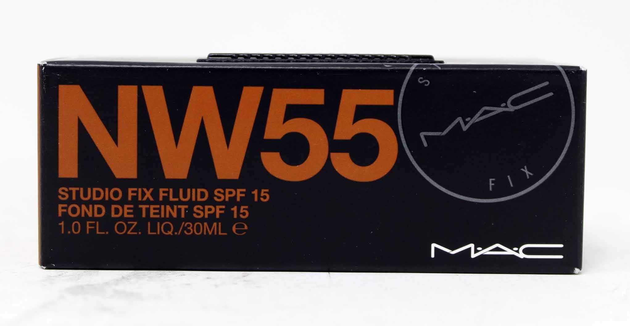 Mac Studio Fix Fluid bottle front view highlighting SPF 15 and matte finish.