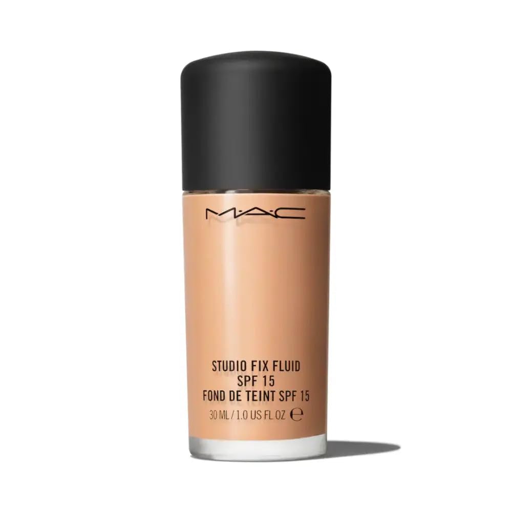 MAC Studio Fix Fluid Foundation bottle close-up highlighting long-wear and oil-control performance.