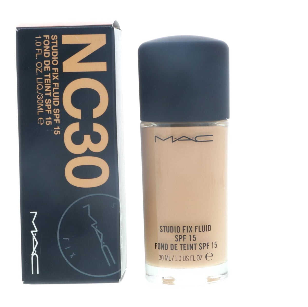 MAC Studio Fix Foundation NC30 bottle with SPF 15 for oil-free, natural matte wear.