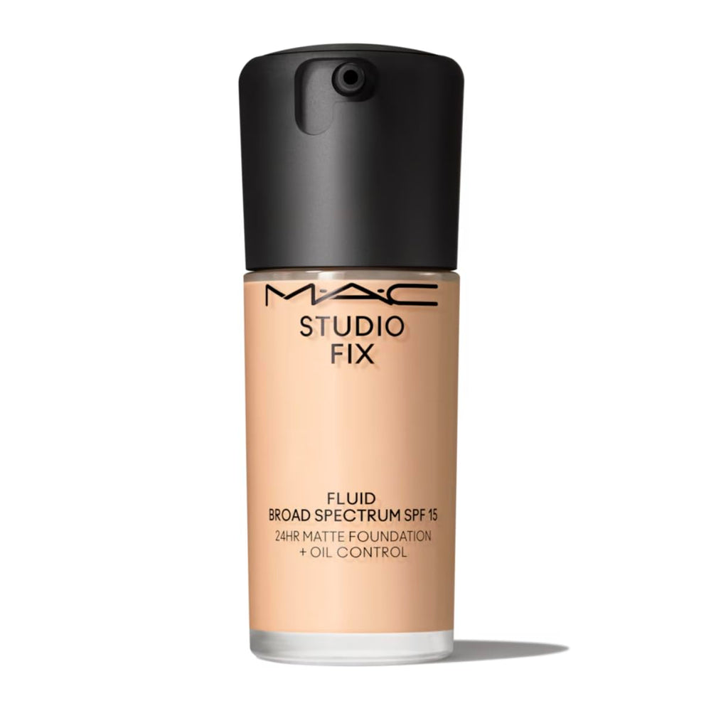 MAC Studio Fix Fluid bottle with pump showing oil-control and long-wear design