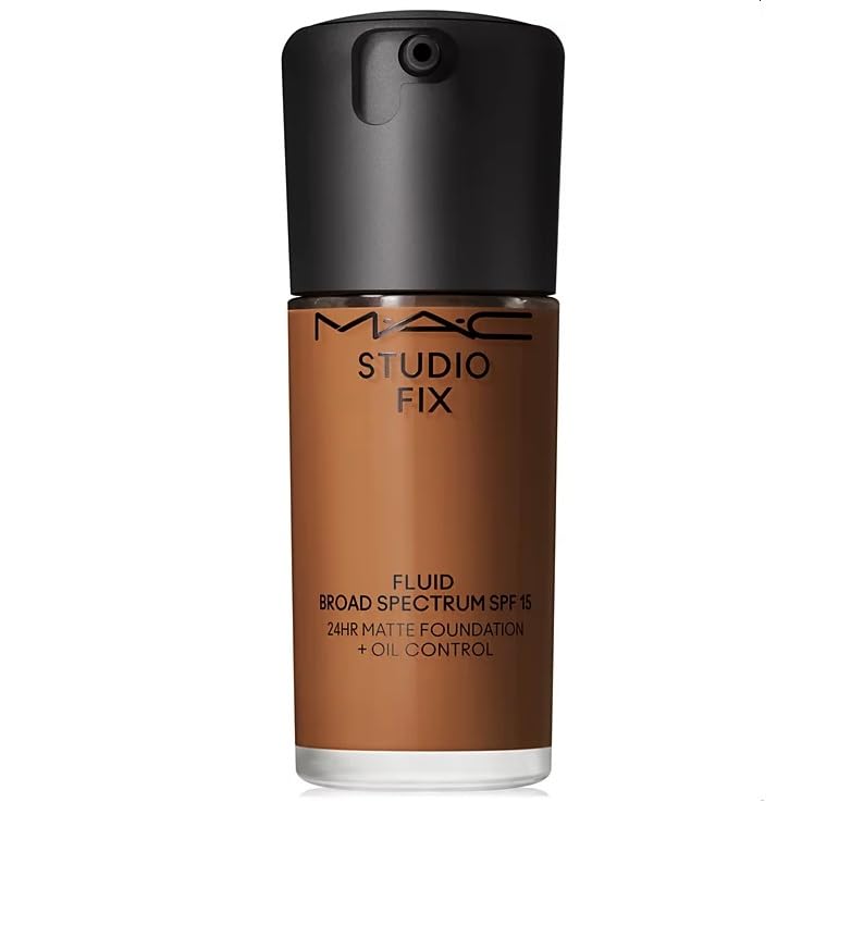 MAC Studio Fix Fluid SPF 15 bottle with pump showing smooth application and 24-hour wear.
