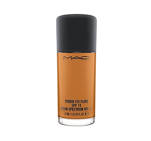 MAC Studio Fix Fluid SPF15 C55 bottle in rich brown with golden olive undertone; natural matte finish.