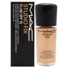 MAC Studio Fix Fluid NC35 bottle close-up showing matte finish for oil control.