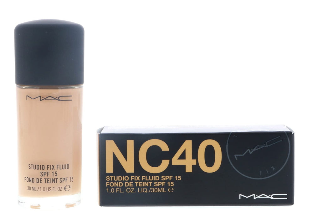 MAC Studio Fix Fluid SPF15 NC40 bottle with natural matte finish and oil control