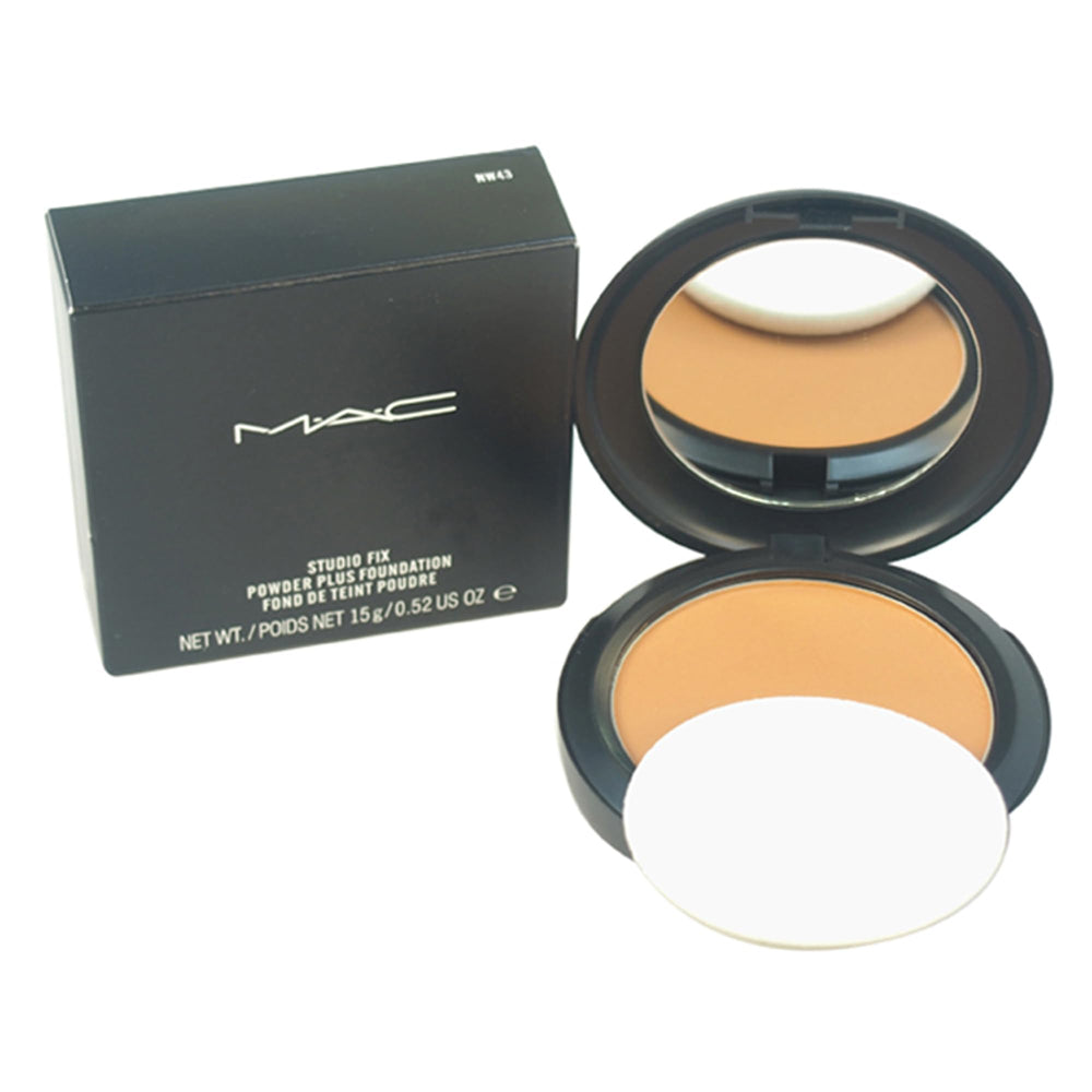 MAC Studio Fix Powder Plus Foundation NW43 bottle delivering matte finish and oil control for long wear.