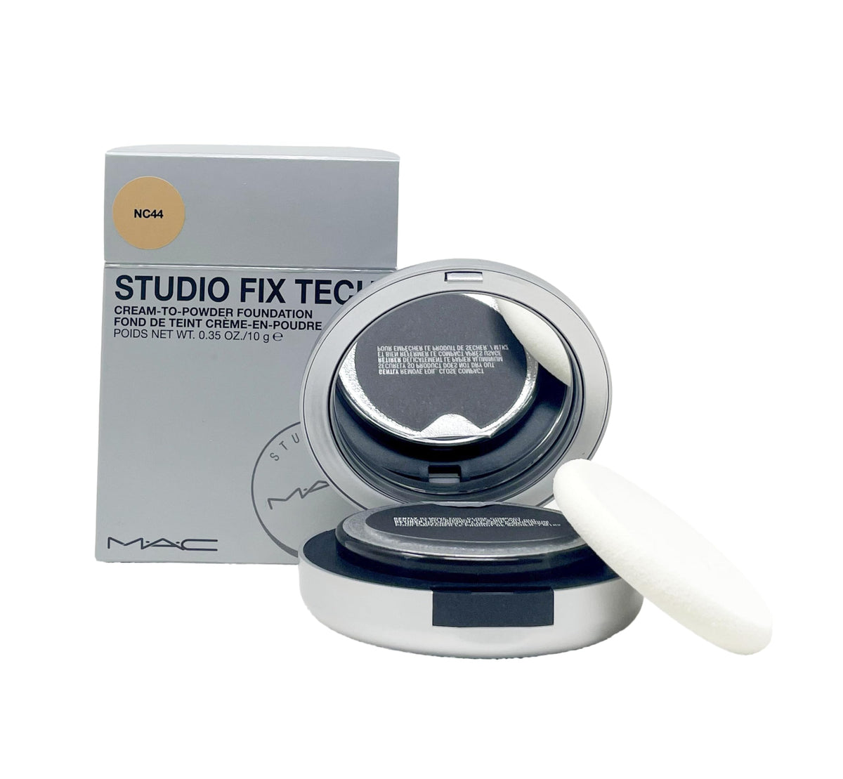 MAC Studio Fix Tech foundation NC44 compact close-up, natural matte finish for medium to dark skin.