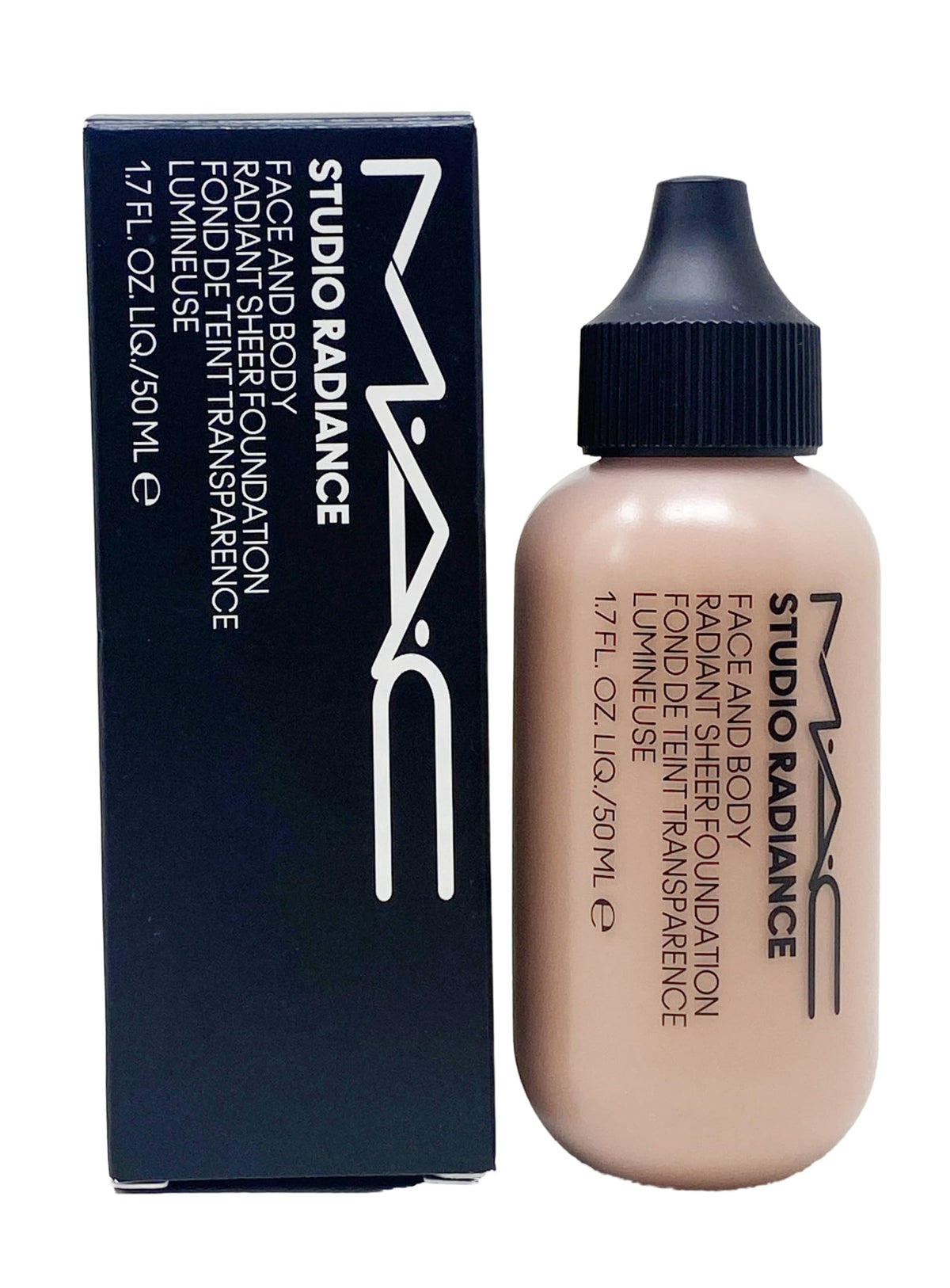MAC Studio Radiance Foundation bottle close-up showing weightless, radiant glow.