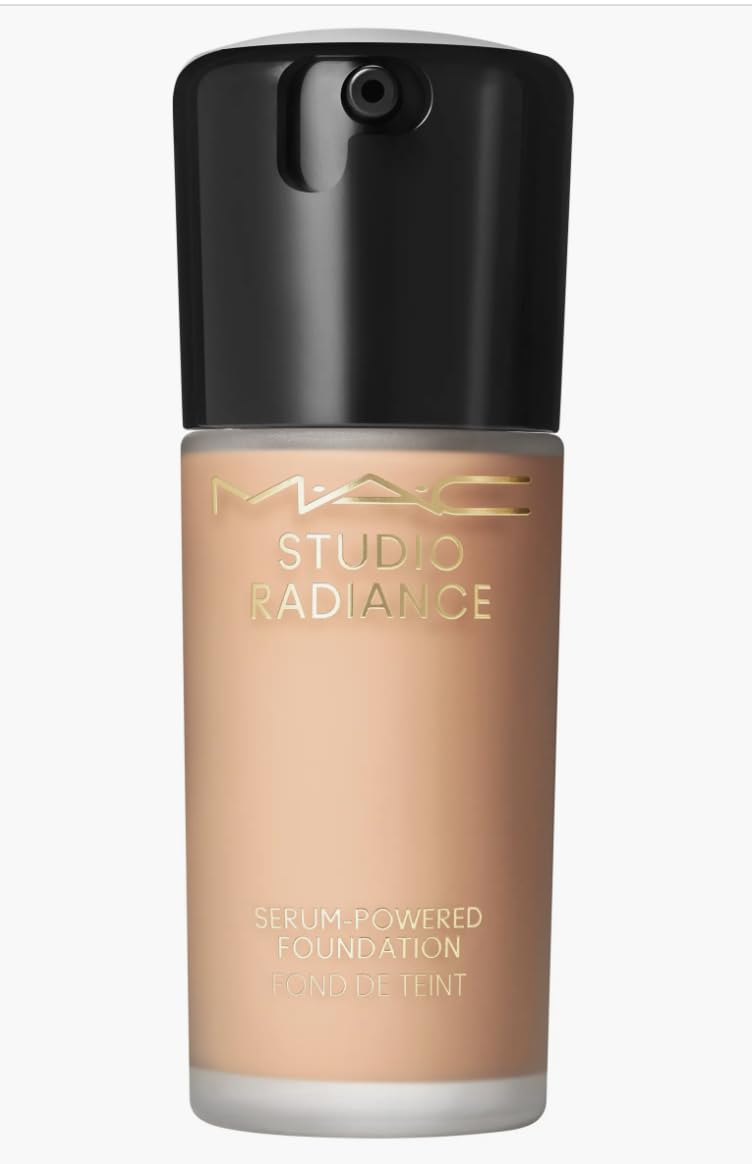 MAC Studio Radiance Serum-Powered Foundation bottle highlights glow-boosting, hydrating skincare fusion.