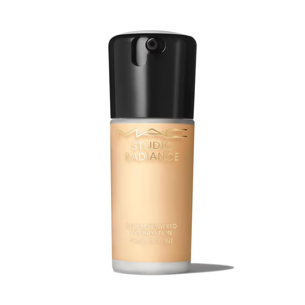 MAC Studio Radiance Serum-Powered Foundation NC20 bottle pour showing long-lasting, hydrating coverage