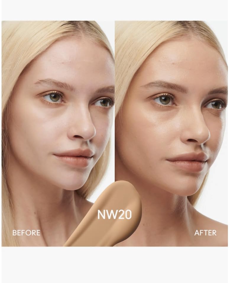 Applying MAC Studio Radiance NW20 foundation to smooth texture.