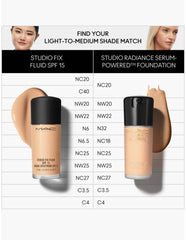 MAC Studio Radiance Serum-Powered Foundation swatches reveal natural shade range for even complexion.