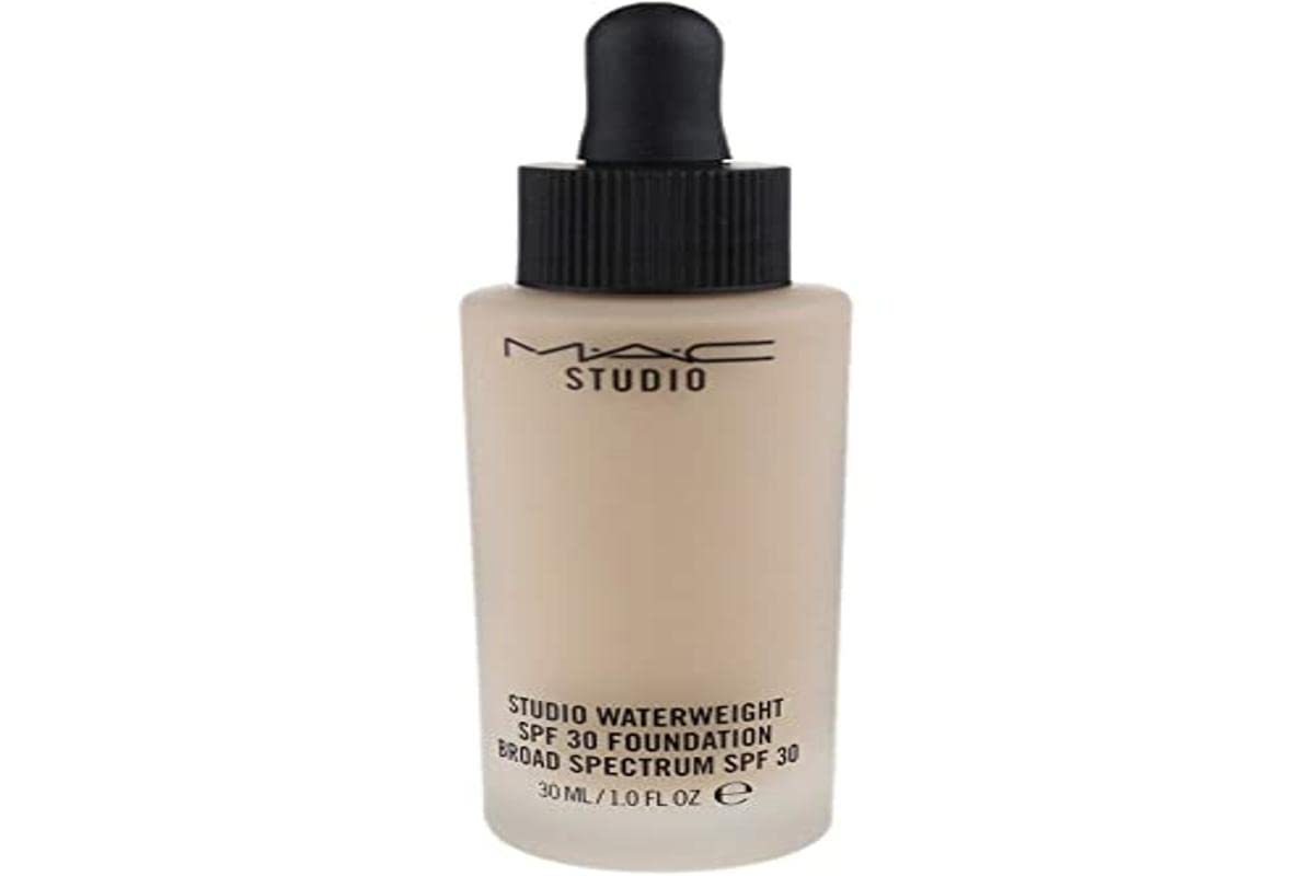 MAC Studio Waterweight foundation bottle close-up, delivering lightweight coverage and SPF 30 protection