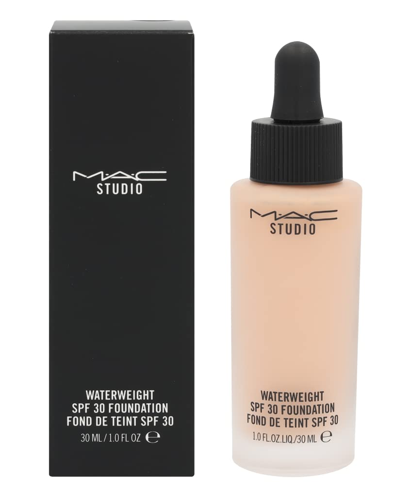 MAC Studio Waterweight SPF 30 Foundation NC20 bottle closeup showing hydrated coverage