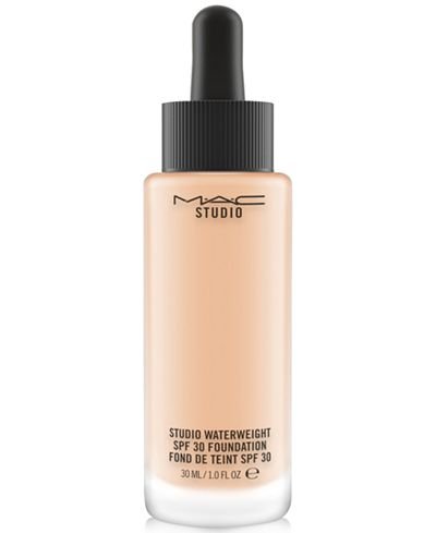 MAC Vibrantly Young Face Studio Waterweight foundation bottle pour highlights lightweight hydration and SPF 30