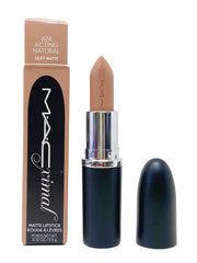 MAC Ximal Silky Matte Lipstick 624 Acting Natural swatch with warm nude pigment and rich coverage.