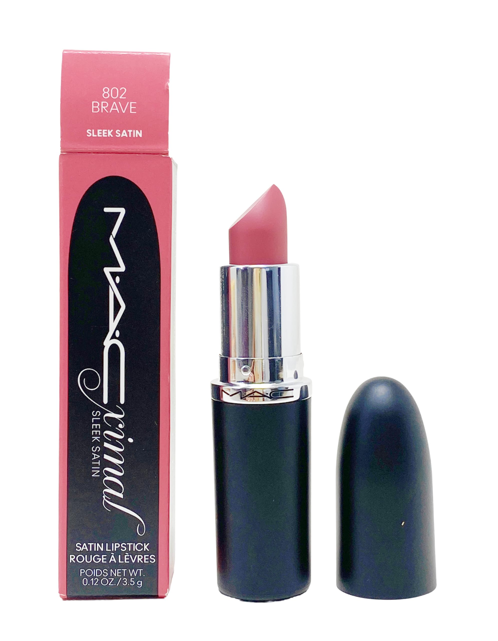 MAC Ximal Sleek Satin Lipstick 802 Brave pink beige with white pearl—long-lasting color on a swatch