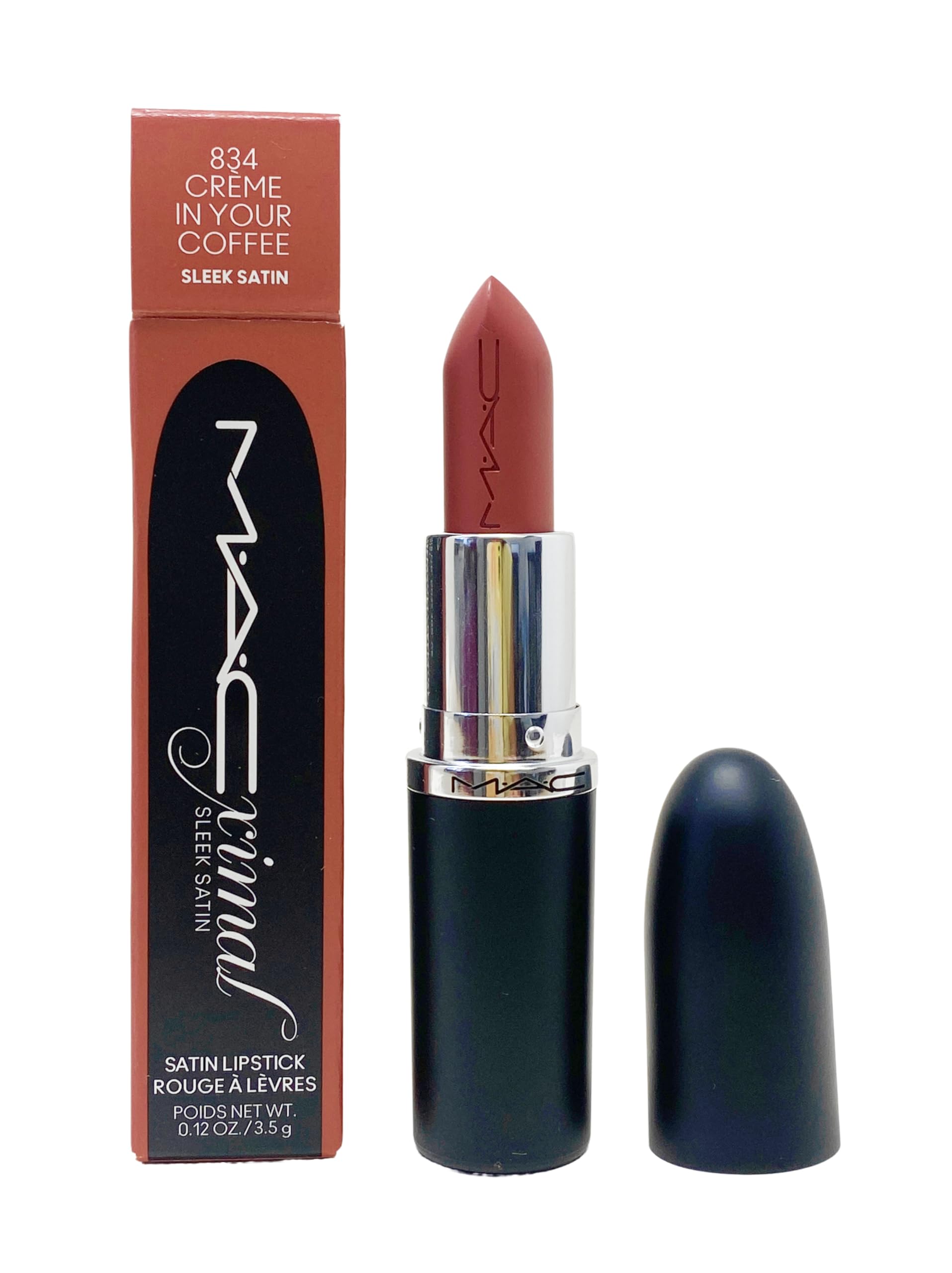 MAC Ximal Sleek Satin Lipstick swatch in Creme In Your Coffee for rich midtone pink brown