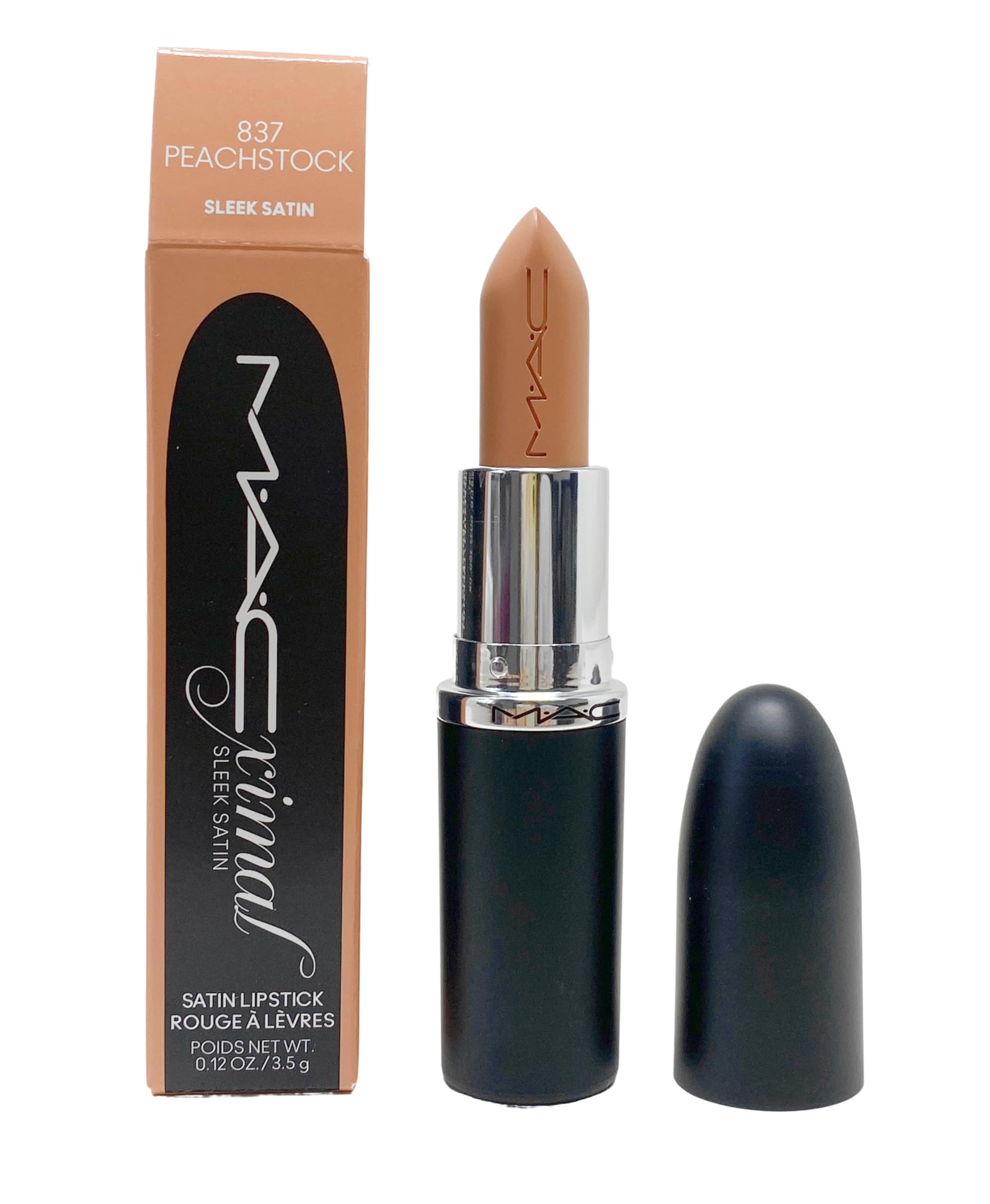 MAC Ximal Sleek Satin Lipstick 837 Peachstock close-up shows rich color and hydration.