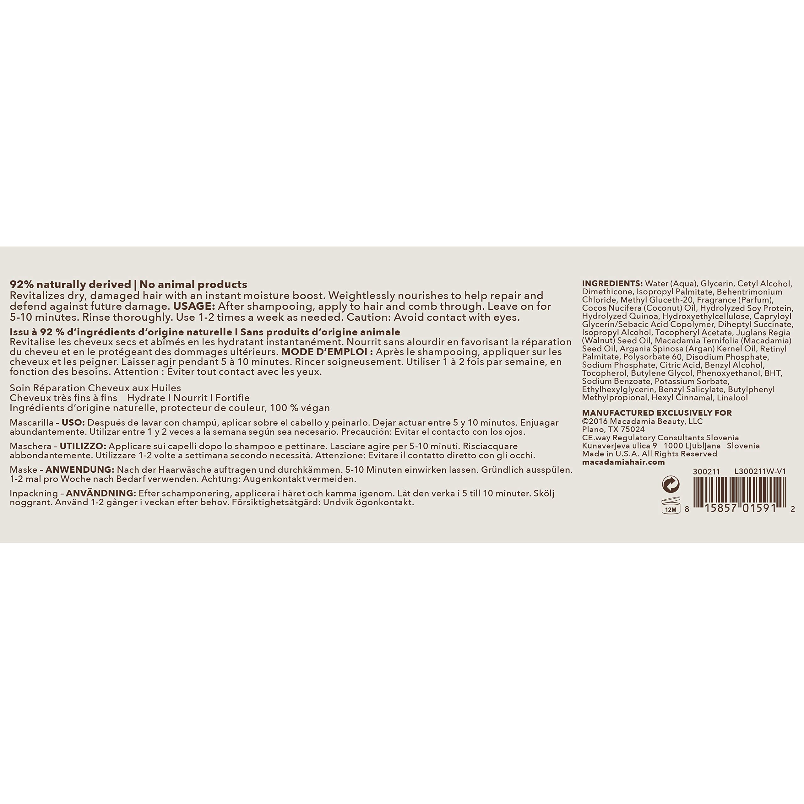 Macadamia Professional Weightless Repair Masque paraben-free commitment highlighted.