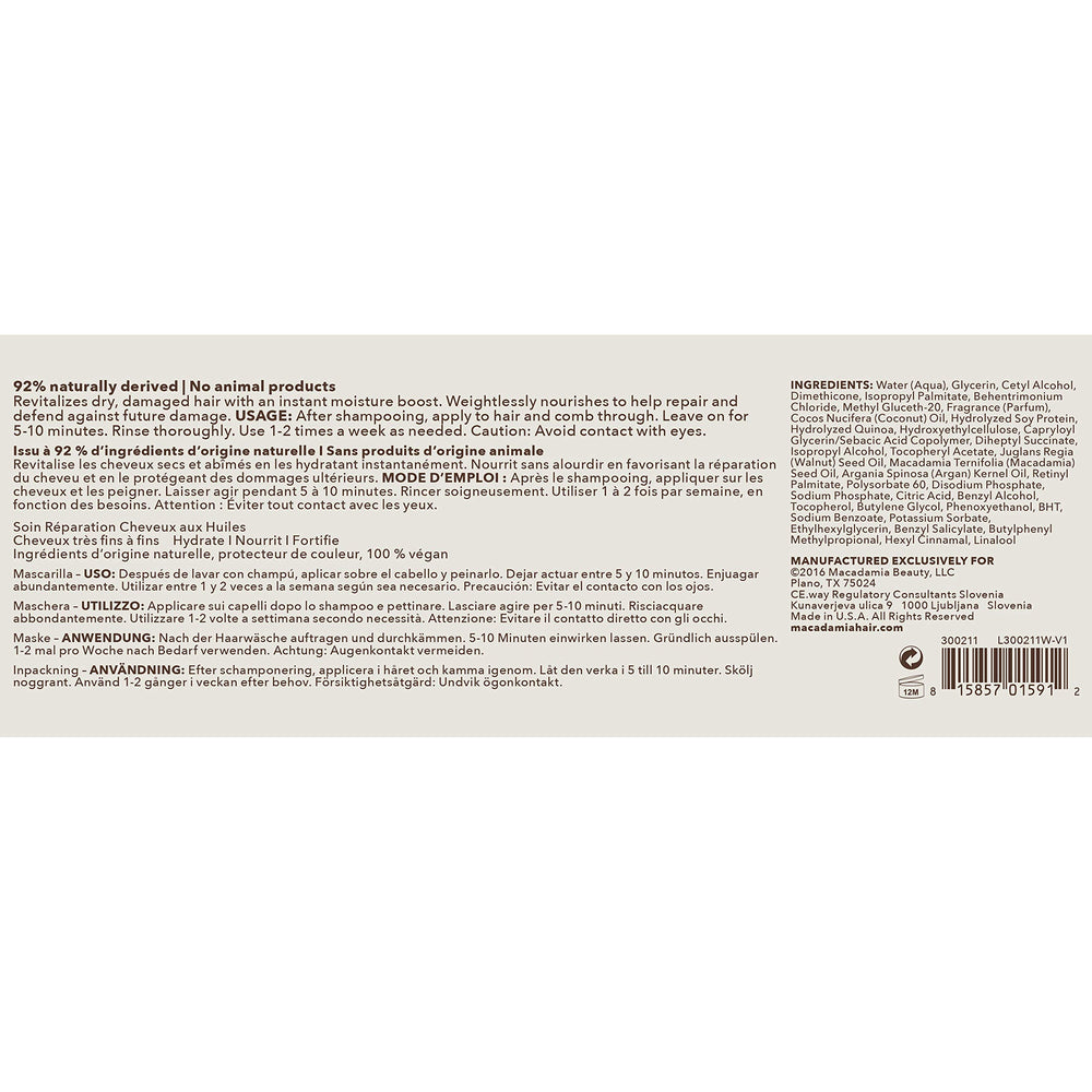 Macadamia Professional Weightless Repair Masque paraben-free commitment highlighted.