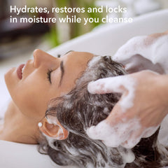 Hand-holding Macadamia Professional Ultra Rich Moisture Shampoo before and after styling.