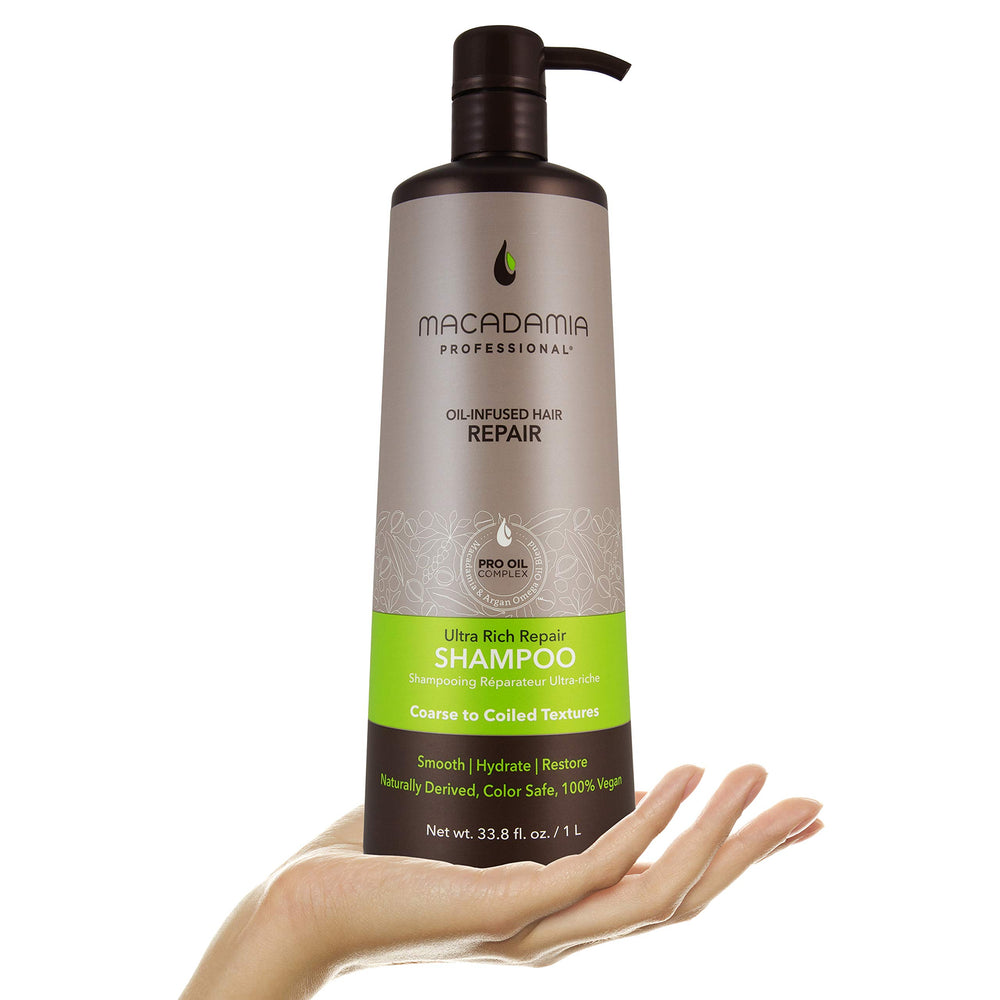 Mongono oil droplets shown with Macadamia Professional Ultra Rich Moisture Shampoo.