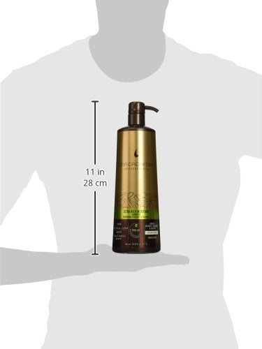 Paraben-free label visible on Macadamia Professional Ultra Rich Moisture Shampoo bottle.