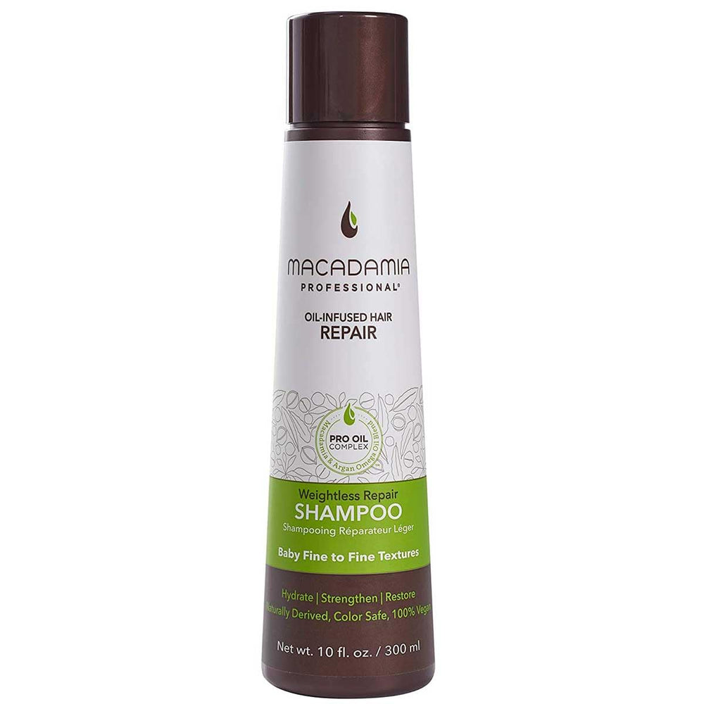 Macadamia Professional Weightless Moisture Shampoo bottle showing gentle volume boost for fine hair.
