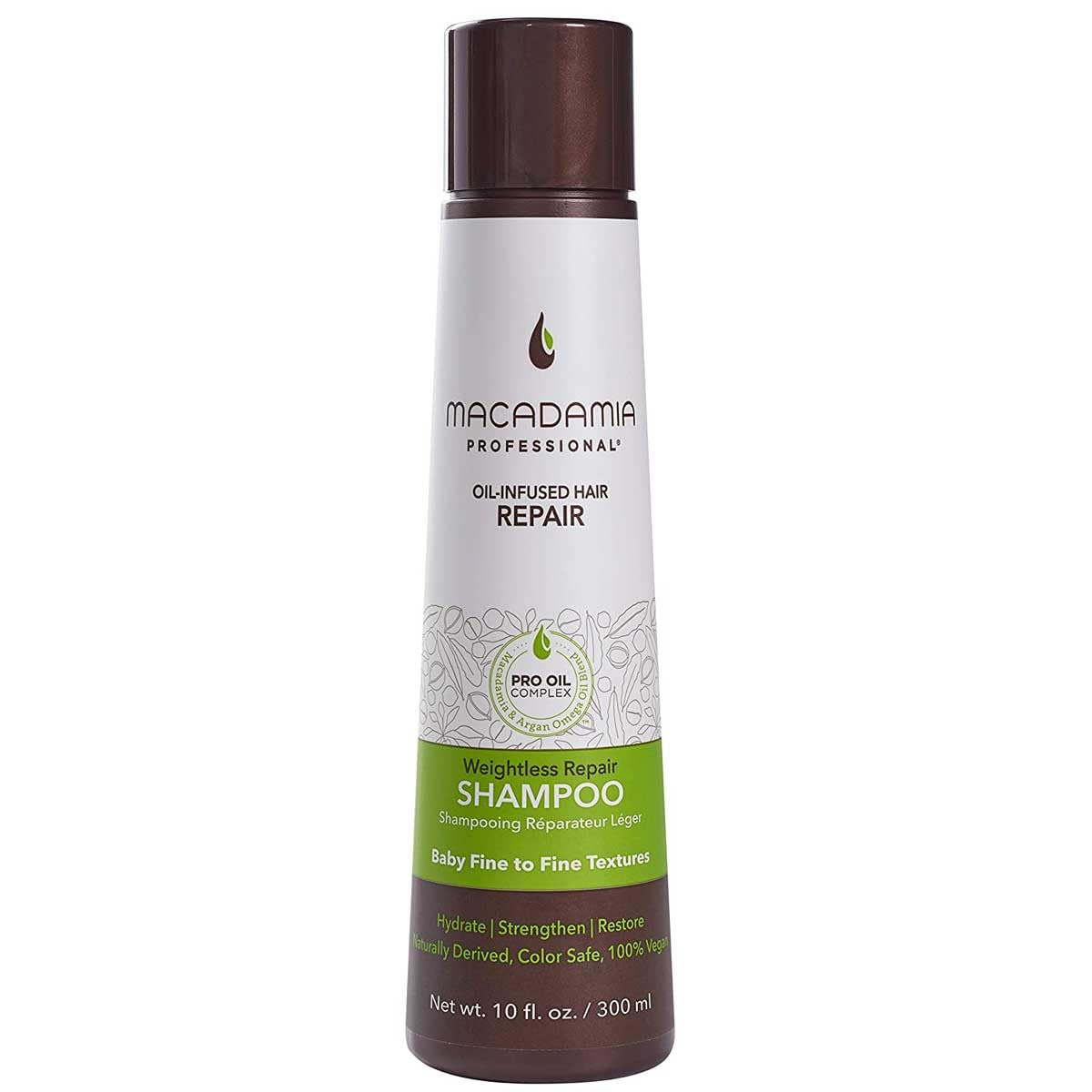 Macadamia Professional Weightless Moisture Shampoo bottle showing gentle volume boost for fine hair.