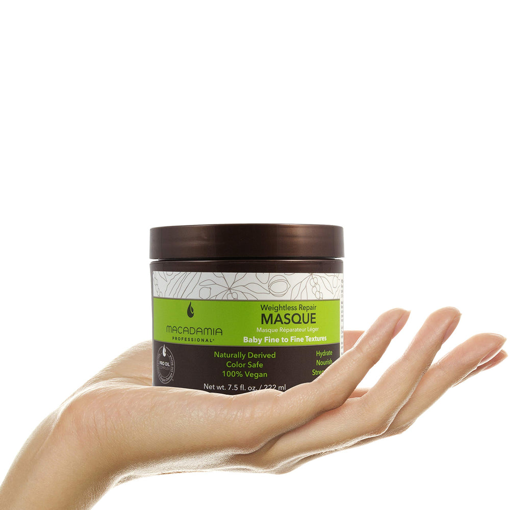 Macadamia Professional Weightless Repair Masque on shelf signals all-hair-types suitability.